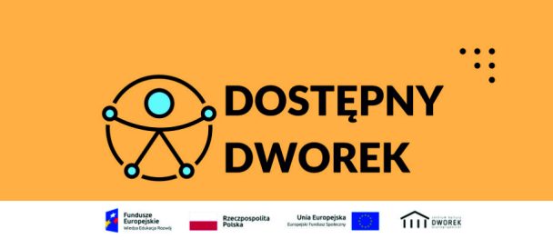 Grafika. rysunkowy ludzik wpisany w czarne koło i napis "Dostępny dworek" na pomarańczowym tle