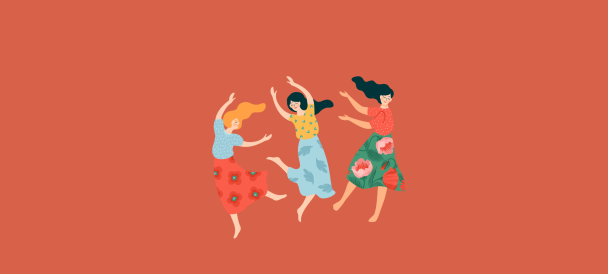 Rysunek trzech tańczących kobiet w kolorowych spódnicach.
