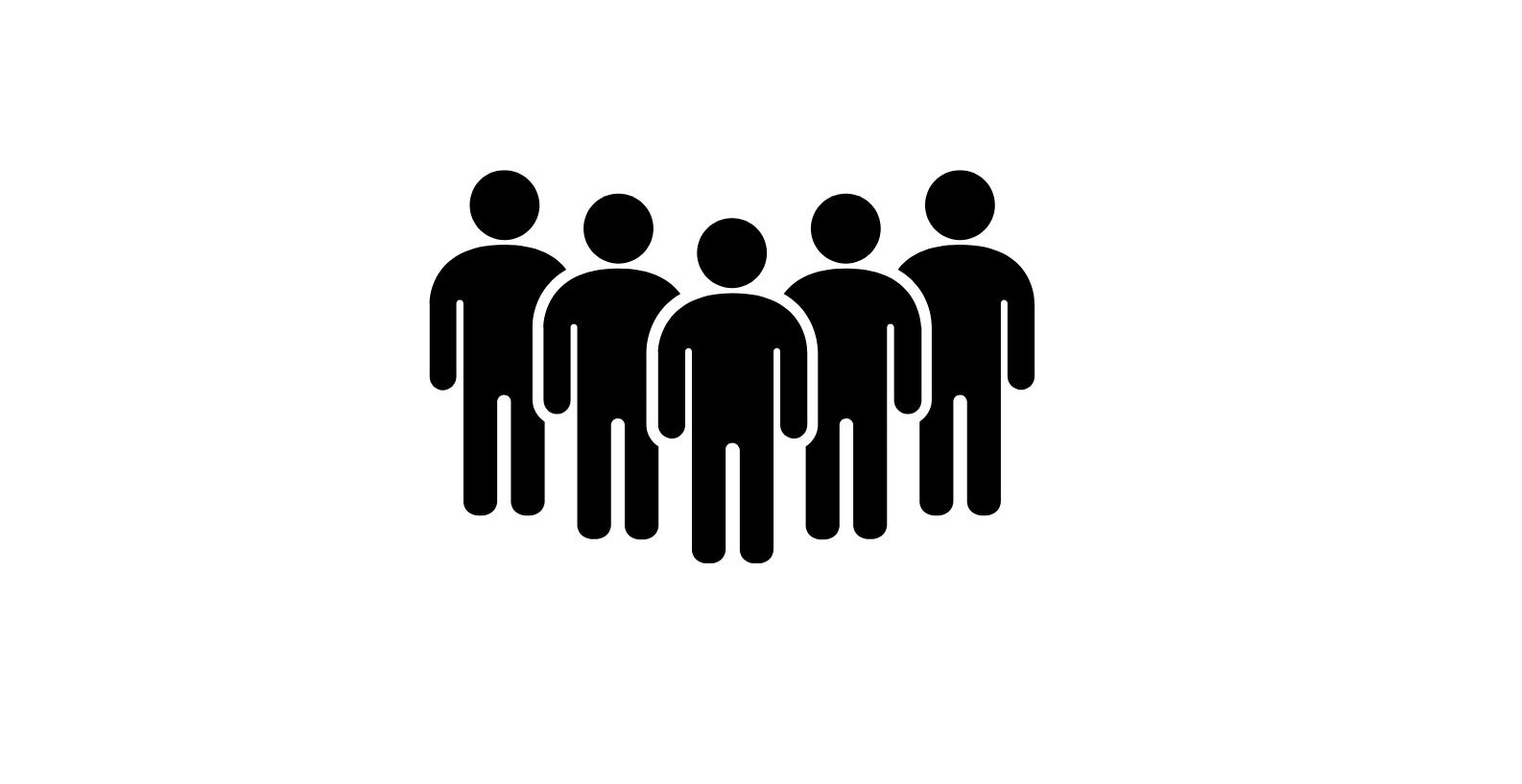 Jednokolorowy rysunek pięciu czarnych postaci, stojących koło siebie.