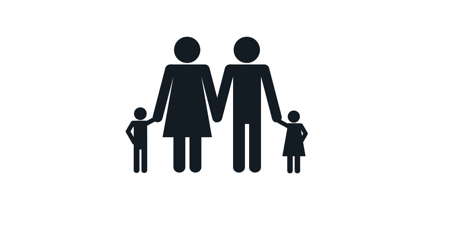 Jednokolorowy rysunek czterech postaci (kobiety, mężczyzny u dwójki dzieci) trzymających się za ręce.