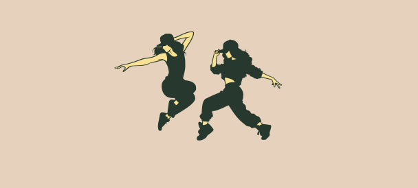 Rysunek dwóch tańczących dziewcząt, ubranych na czarno.
