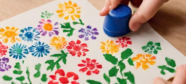 Obrazek z kolorowymi kwiatami stemplowanymi na tkaninie.