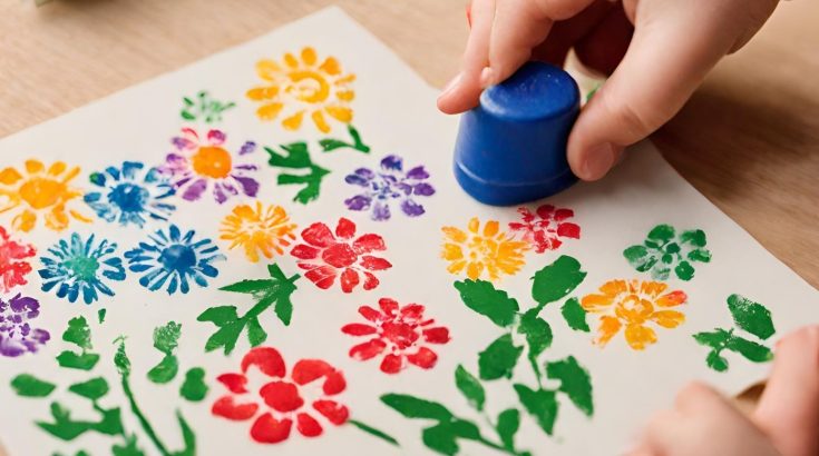 Obrazek z kolorowymi kwiatami stemplowanymi na tkaninie.