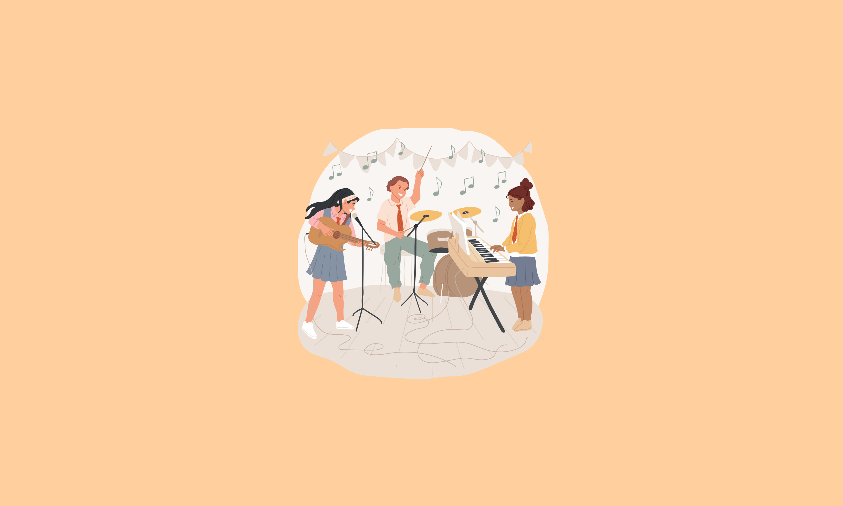 Rysunek przedstawia zespół muzyczny - trzy osoby grają na instrumentach i śpiewają