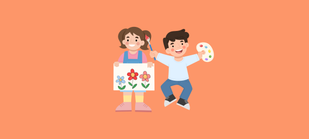 Rysunek dwóch osób - dziewczyna trzyma obrazek z trzema kwiatami, chłopak trzyma w ręku pędzel i paletę malarską