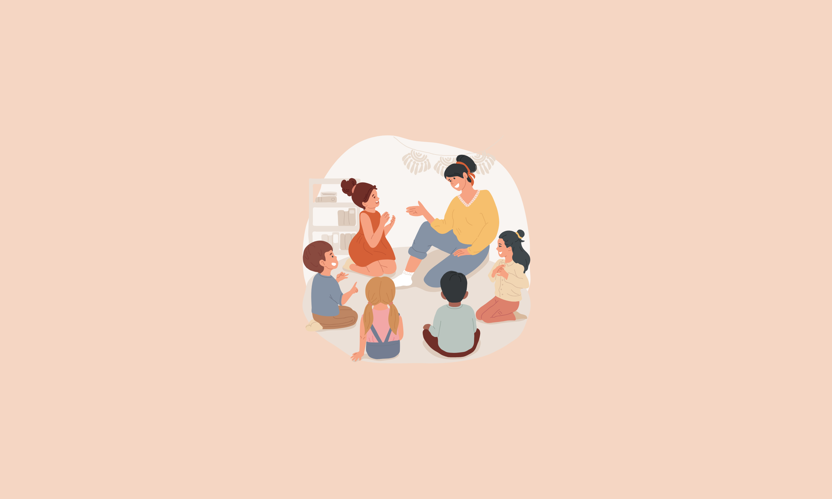 Rysunek przedstawia grupę kilkorga dzieci, siedzącą w kręgu wraz z nauczycielką