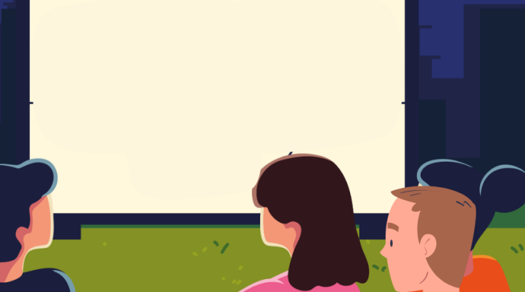 plakat ukazuje grupę ludzi siedzącą tyłem patrzącą w stronę jasnego ekranu kina plenerowego