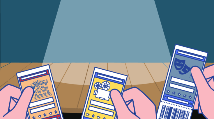 plakat pokazuje ręce trzymające bilety. w tle scena oświetlona reflektorem. konwencja ilustracji. kolory stonowane niebieskie i ciemno pomarańczowe