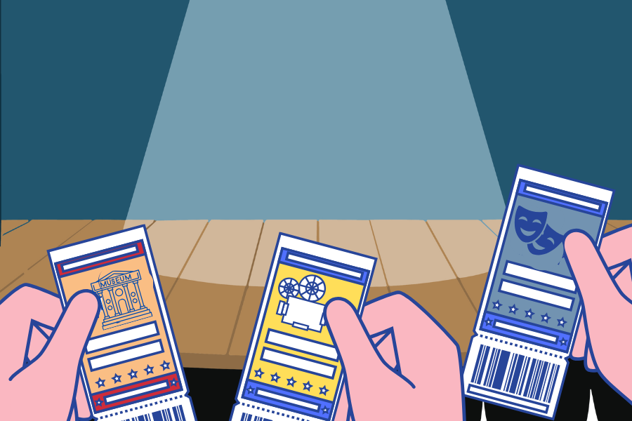 plakat pokazuje ręce trzymające bilety. w tle scena oświetlona reflektorem. konwencja ilustracji. kolory stonowane niebieskie i ciemno pomarańczowe